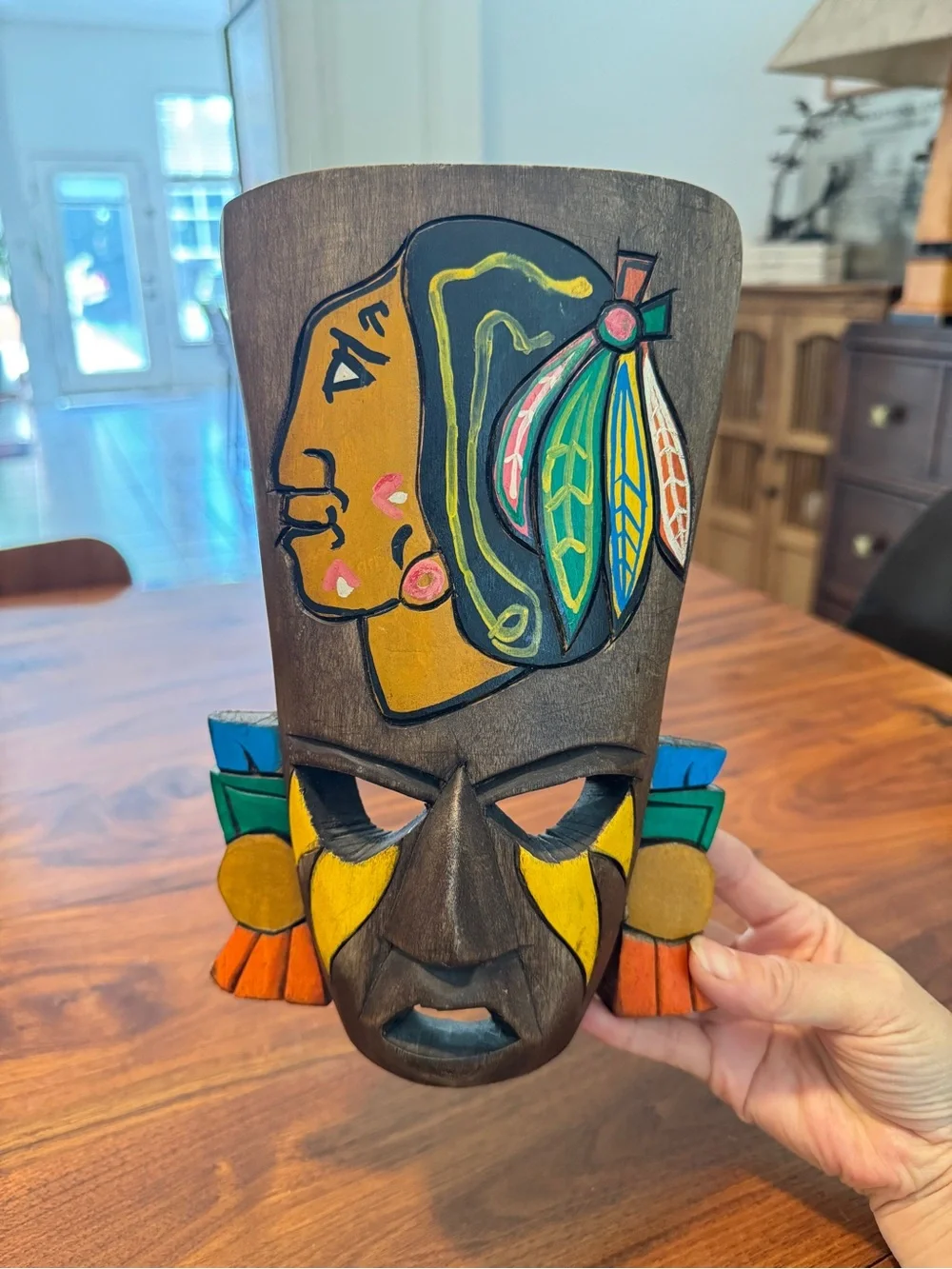 hand-carved and painted Mexican folk art wall mask Wall Decor 9”